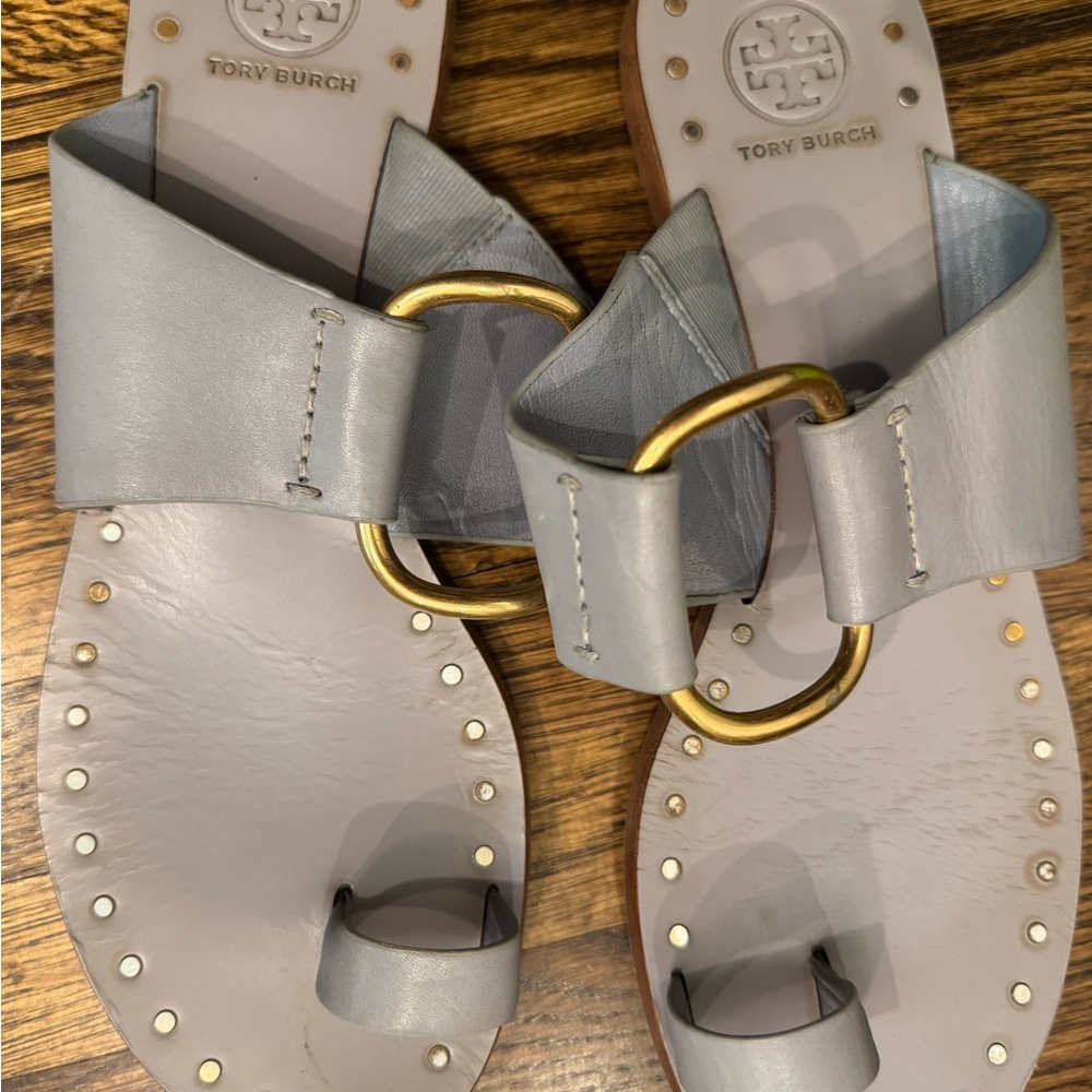 Tory Burch Light Blue Gray Leather Sandals with Gold Ring Size 8